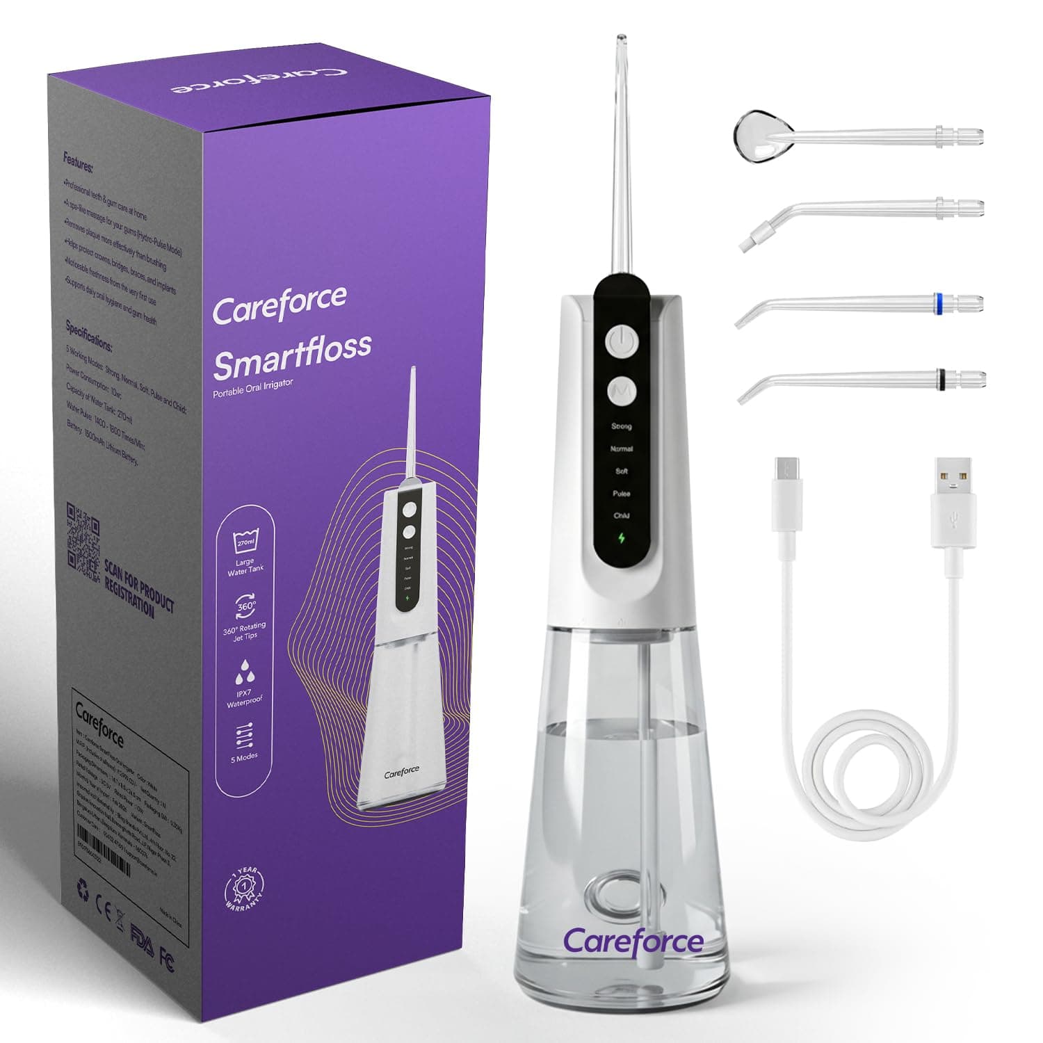 Careforce Cordless Water Flosser for Teeth Cleaning, Oral Irrigator with 5 Modes (Child Mode), 30–150 PSI, 270ml Tank, 1500mAh Battery, IPX7 Waterproof, Portable Dental Flosser for Braces & Gums