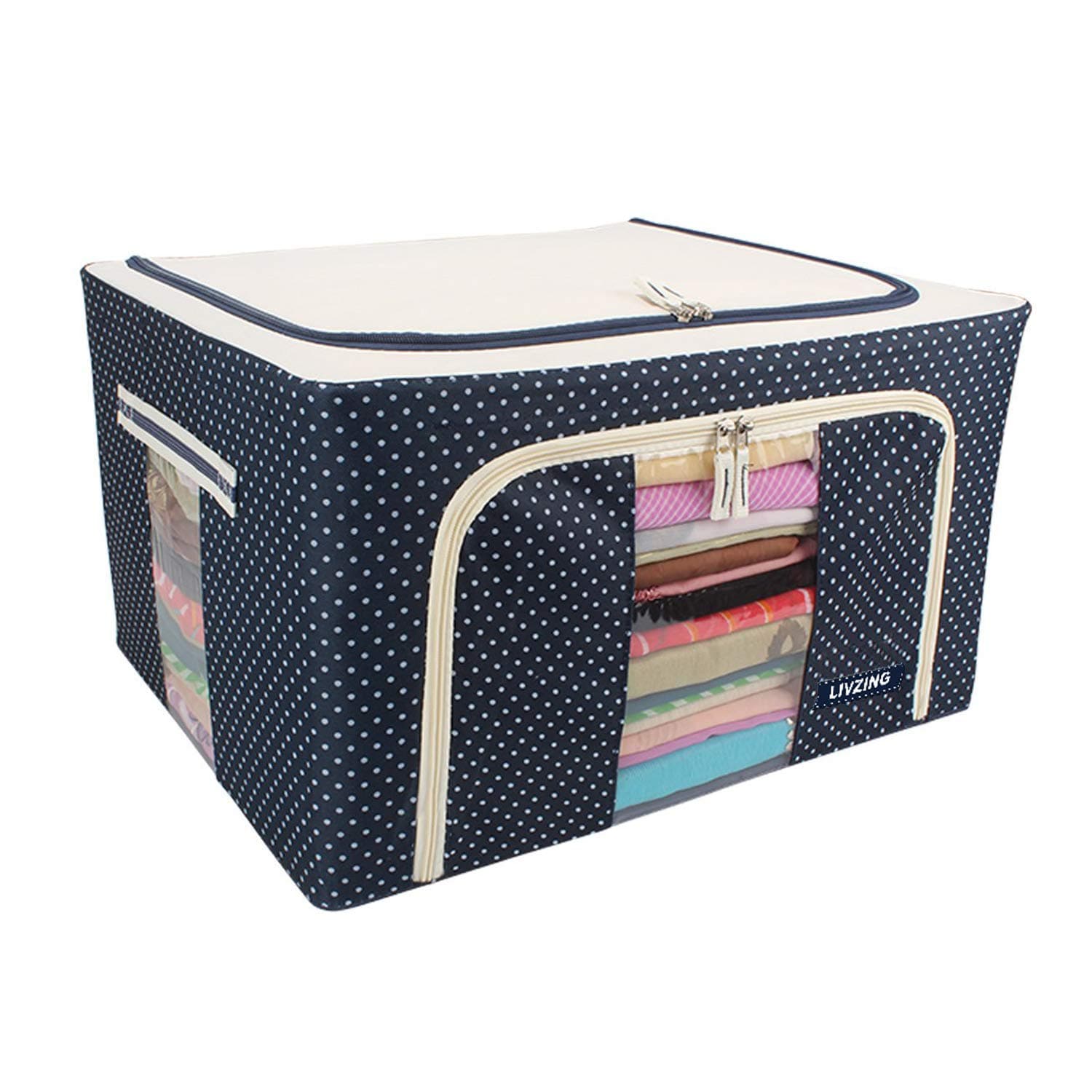 Livzing Oxford Fabric Saree Cover | Cloth Storage | Wardrobe Organizer For Clothes With Transparent Window | Clothes Storage Bags with Zip | 24L (Blue Polka)- 40cm X 30cm X 20cm