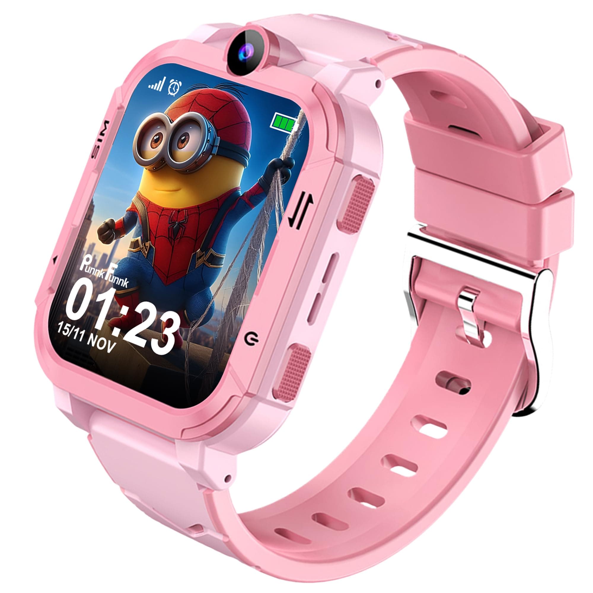 PunnkFunnk Musk Safeguard 5G/4G Kids Smart Watch with SIM Calling, GPS Tracker, Video Call, SOS Alerts, Face Unlock, Games, IP67, 800mAh Battery, Voice Chat, Maps(Pink)