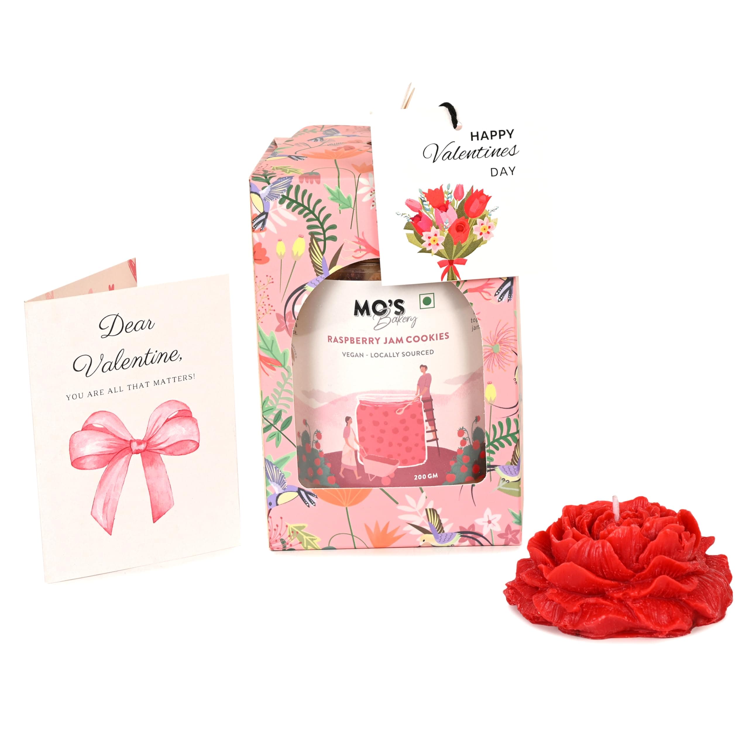 Mo's Bakery Valentines Day Pink Gift Box with Raspberry Cookies, Rose Flower Candle | Valentine Gift for Boyfriend, Girlfriend, Husband, Wife | Cookies gift box | Healthy Valentines Day Gift