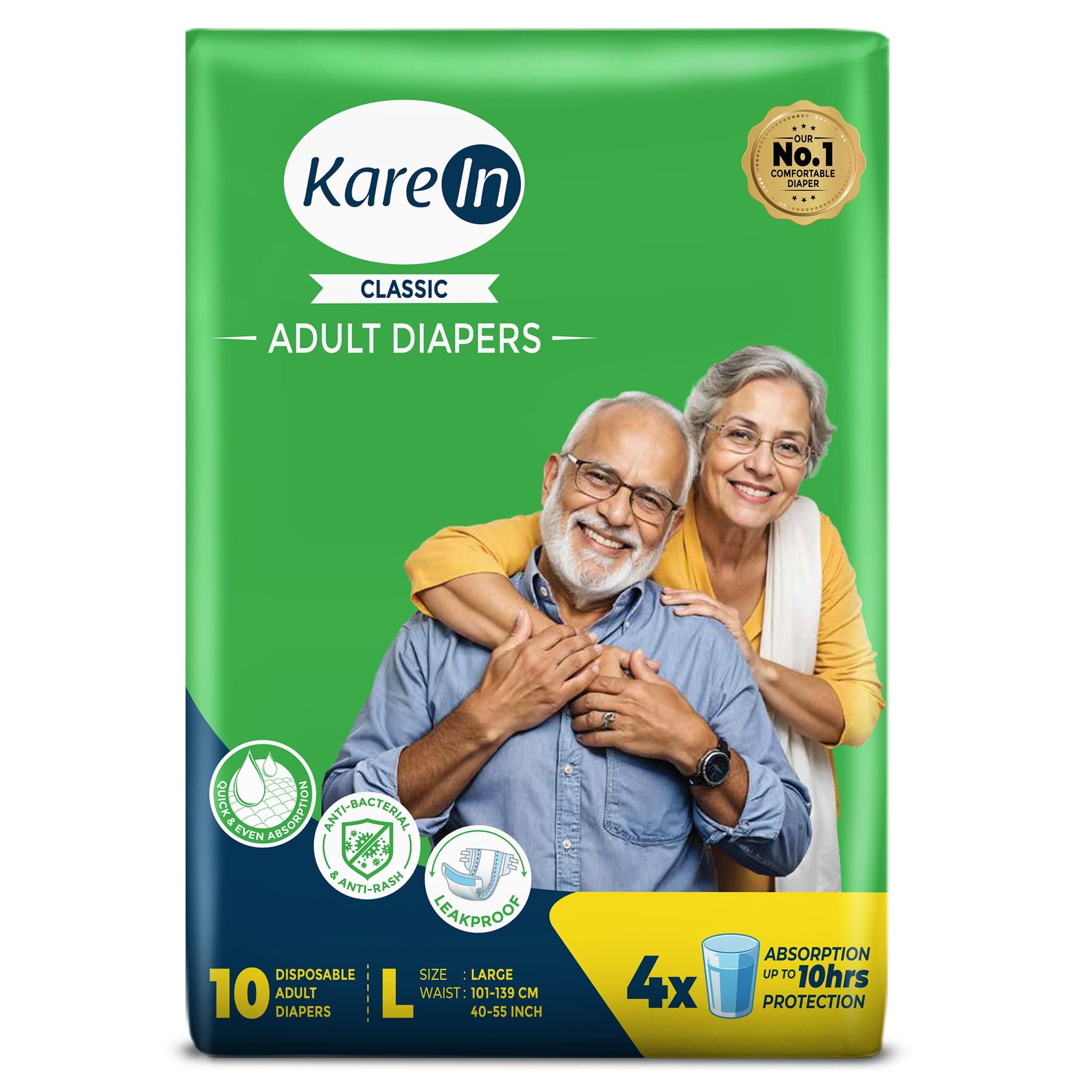 KareIn Classic Adult Diaper Tape L Size, Large, Waist (101-139 cm 40'-55'), 10 Unit, Long Protection Hour, Unisex, Quick & Even Absorption, Anti-Bacterial, Leakproof, Odour Control, Wetness Indicator