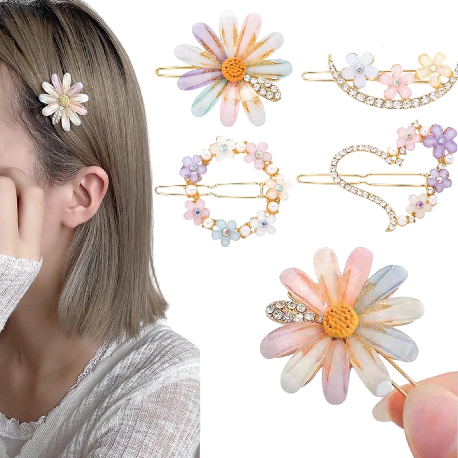 APOLLINE INDIA® 4pcs Floral Rhinestone Daisy Hair Barrettes, Korean Fashion Style Flower Lock Pin Hair Clips for Women Girls Crystal Cute Pastel Flower Hair Pins for Styling Hair