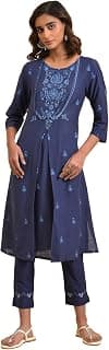W for Woman Women's Cotton Straight Fit Straight Floral Printed Round Neck Kurta