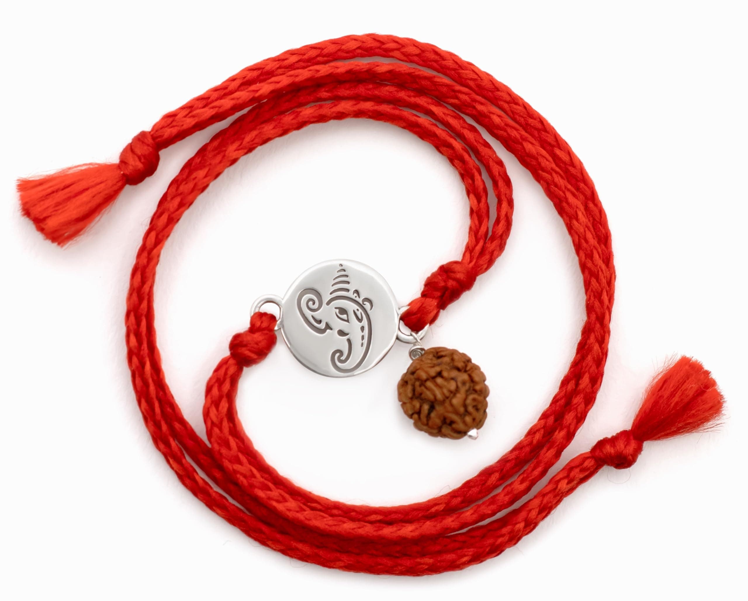 Meenakari Pure 925 Sterling Silver Small Ganesha Coin with Rudraksha Rakhi set with Roli Chawal and Rakshabandhan Greeting Card For Brother/Boys/Men/Unisex