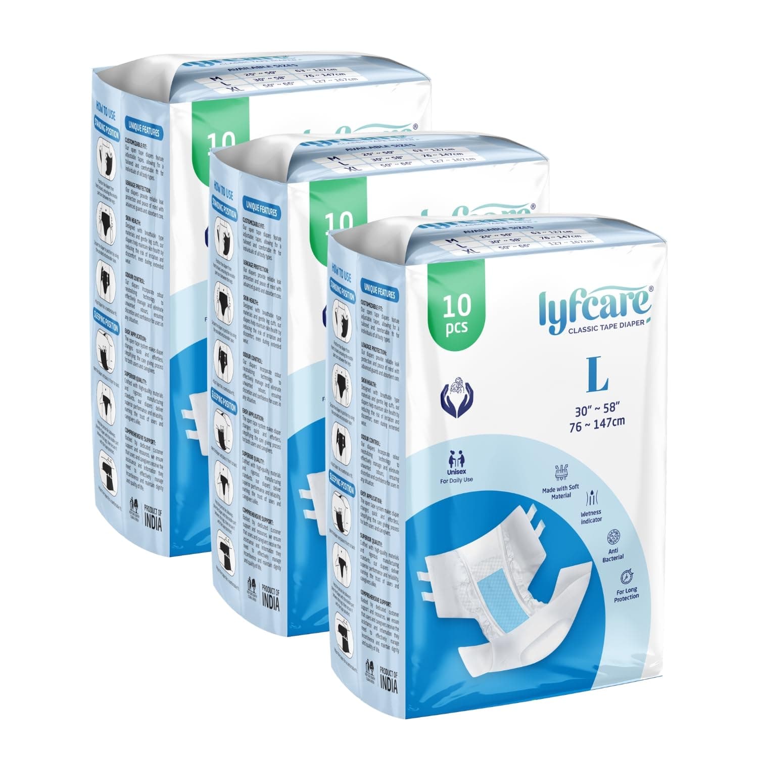 Lyfcare Open Tape Adult Diaper Large Size (L) - 30 Units (Pack of 3) | Unisex Diapers Open Tape | Waist (76-147 cm) | Wetness Indicator, Super absorb, 360° Protection & 0% Leakage | For Men & Women