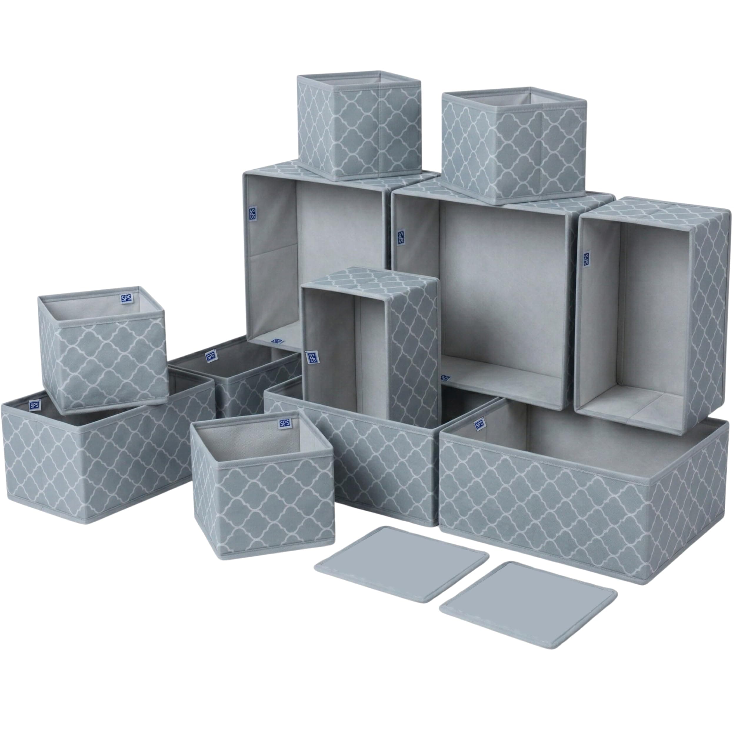 Skrill 12-Piece Foldable Cloth Storage Box Set | Cube Baskets, Bins & Dividers for Closet & Dresser Drawer Organization | Storage for Shirts, Pants, Underwear, Bras, Socks & More (Quatrefoil Grey)
