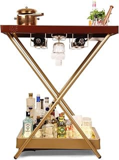HAUS OF BARS Metal by Speedx - Model J - Multi-Functional, Portable and Foldable Bar Table in Matte Gold Finish with Chestnut Brown Top