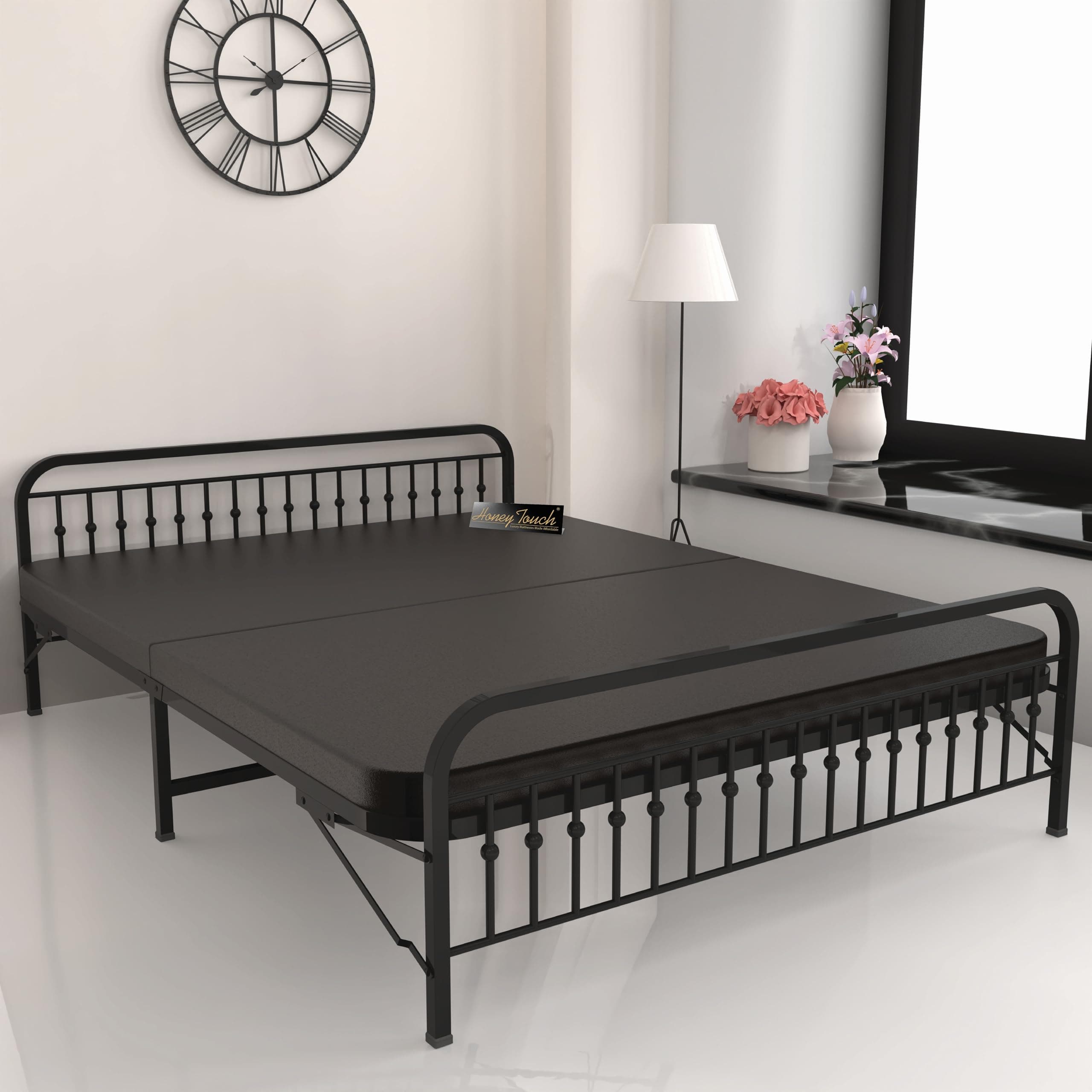 Honey Touch Nova Folding King Size Bed with Ortho Tri Layer Mattress | No Assembly Required | Foldable Bed for Sleeping/Guests/Rented Apartments/Bedroom(6x6.25ft, Black)