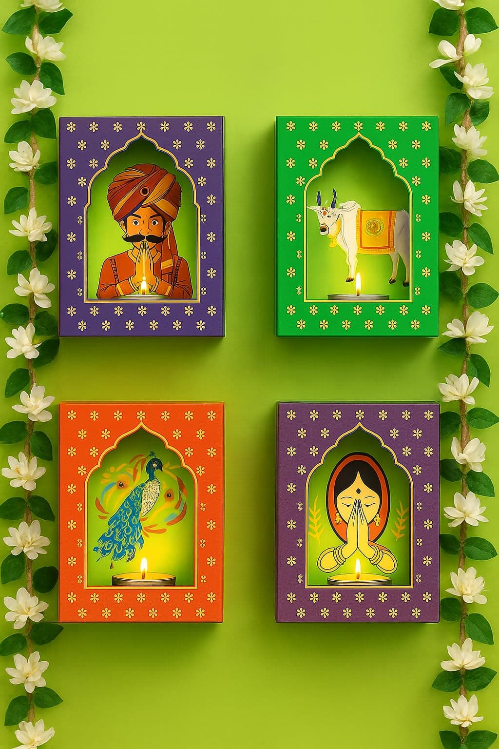 6 Pcs Jharokha Diya Box with LED Candles – DIY Craft & Festive Home Décor Set | Wall Decor | Traditional Jharokha Box | DIY Craft | Perfect for Diwali Decorations & Balcony (Jharokha -2)