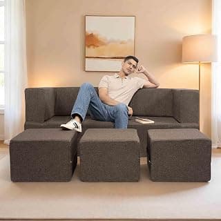 Seventh Heaven 72x60x14 inch Jute Fabric with 3 Puffy 3 Seater Double Foam Fold Out Sofa Cum Bed (Finish Color - Brown Delivery Condition - Pre-Assembled)