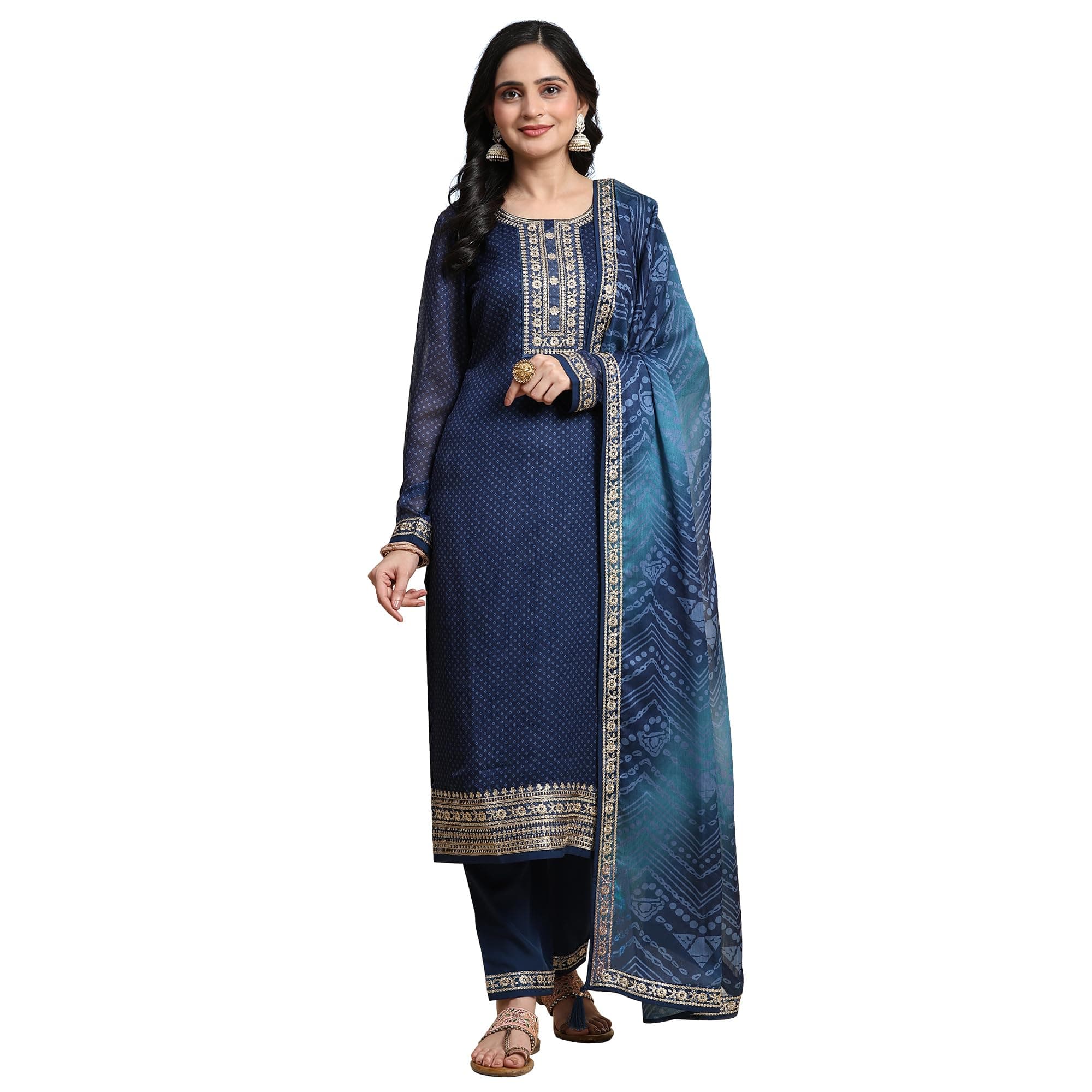 TRENDMALLS Women's Chiffon Embroidery Bandhani Print Salwar Suit Set Kurta Pant with Dupatta
