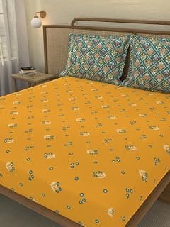Portico New York Signature - Home & Harmony 144 TC Cotton Yellow Queen Bed Fitted Sheet with 2 Pillow Covers