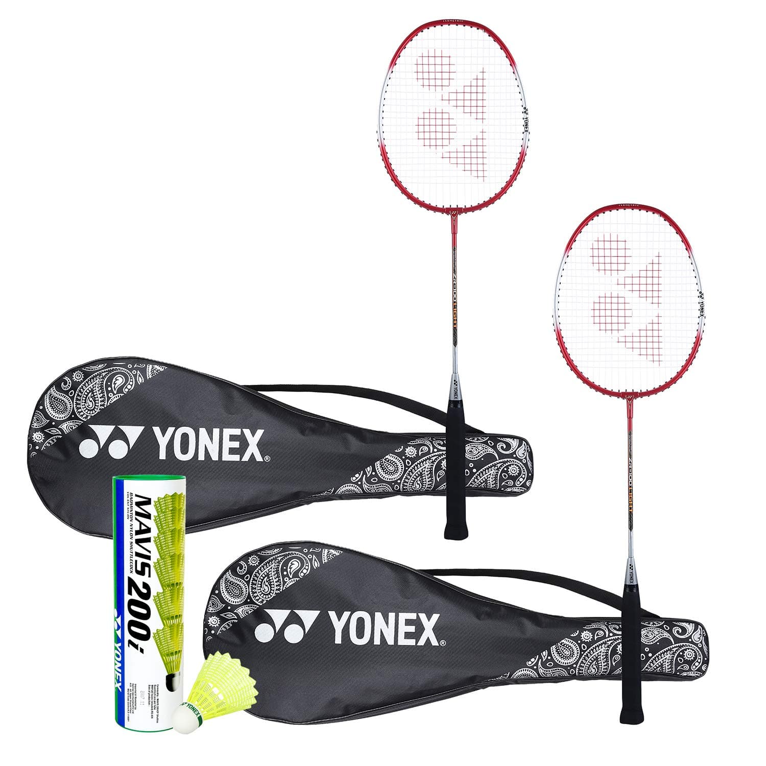 Yonex ZR 100 Light Badminton Combo (Set of 2 Yonex ZR 100 Light Aluminum Badminton Racquet with Full Cover Red/Red + Mavis 200I Shuttlecock Pack of 6) | Aluminum Badminton Racquet with Full Cover, Mavis 200I Shuttlecock Pack of 6