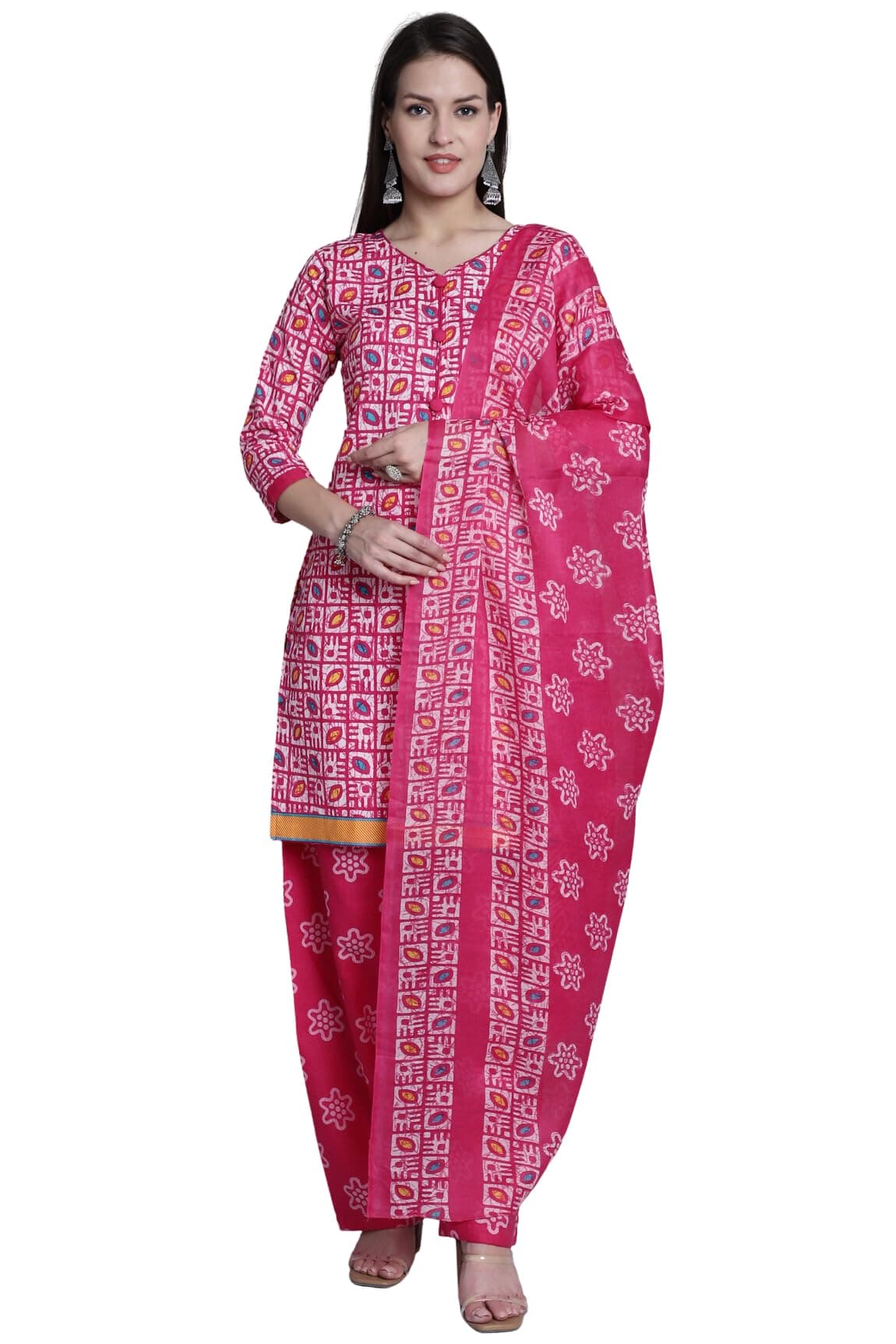 Monira Pink Cotton Printed Readymade Patiala Salwar Suit for Women (RW4281)