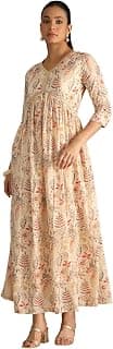 Soch Womens Cream Cotton Floral Print Dress with Zari