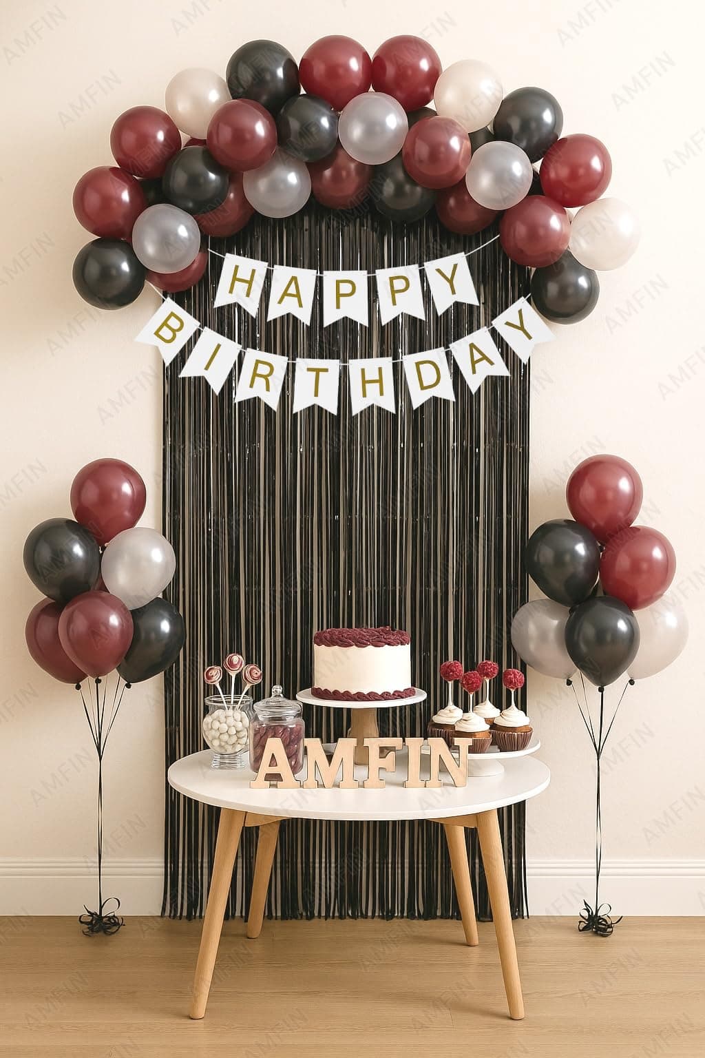 AMFIN (Pack of 34) Backdrop Bliss Birthday Decoration DIY Kit with Balloons, Fringe Curtain and Banner - White, Black & Burgundy