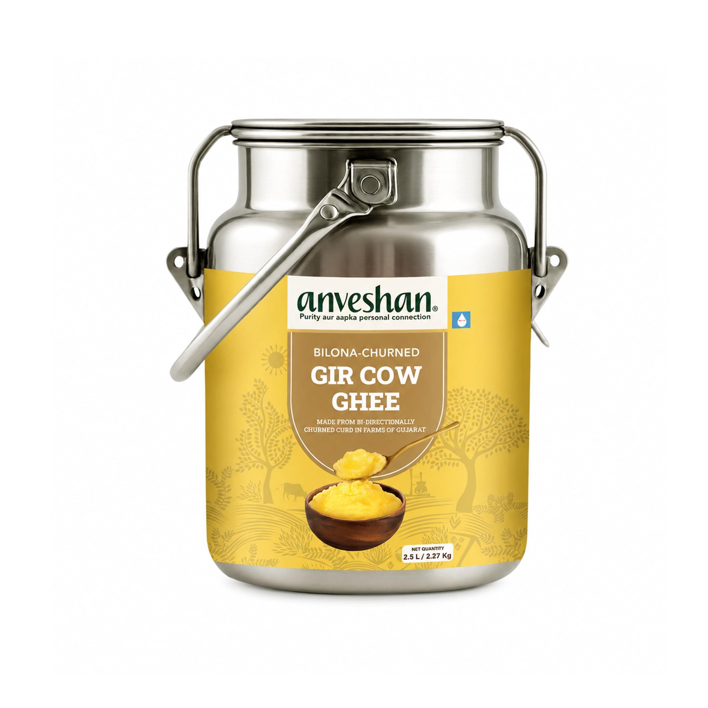 Anveshan A2 Gir Cow Ghee - 2.5L Dolchi | Traditional Bilona Method | Curd- Churned | Cultured | Pure and Nutural | Lactose and Gluten Free | Lab Tested
