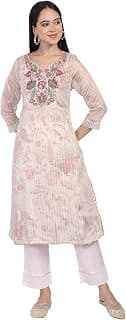 W for Woman Striped Embroidery Embellished Straight Tissue Jacket with Kurta and Straight Pant Set