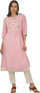 W for Woman Checker Cotton Crepe A-line Kurta with Embroidered Yoke