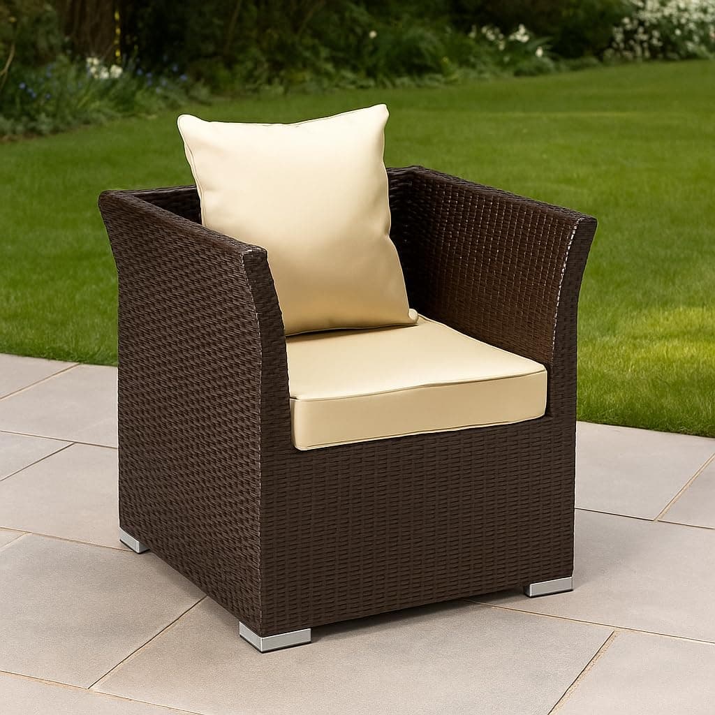 DEVOKO Outdoor Wicker Armchair with Water Resistant Cushions, Dark Brown Wicker, Cream Cushions - Patio Garden Furniture Single Sofa