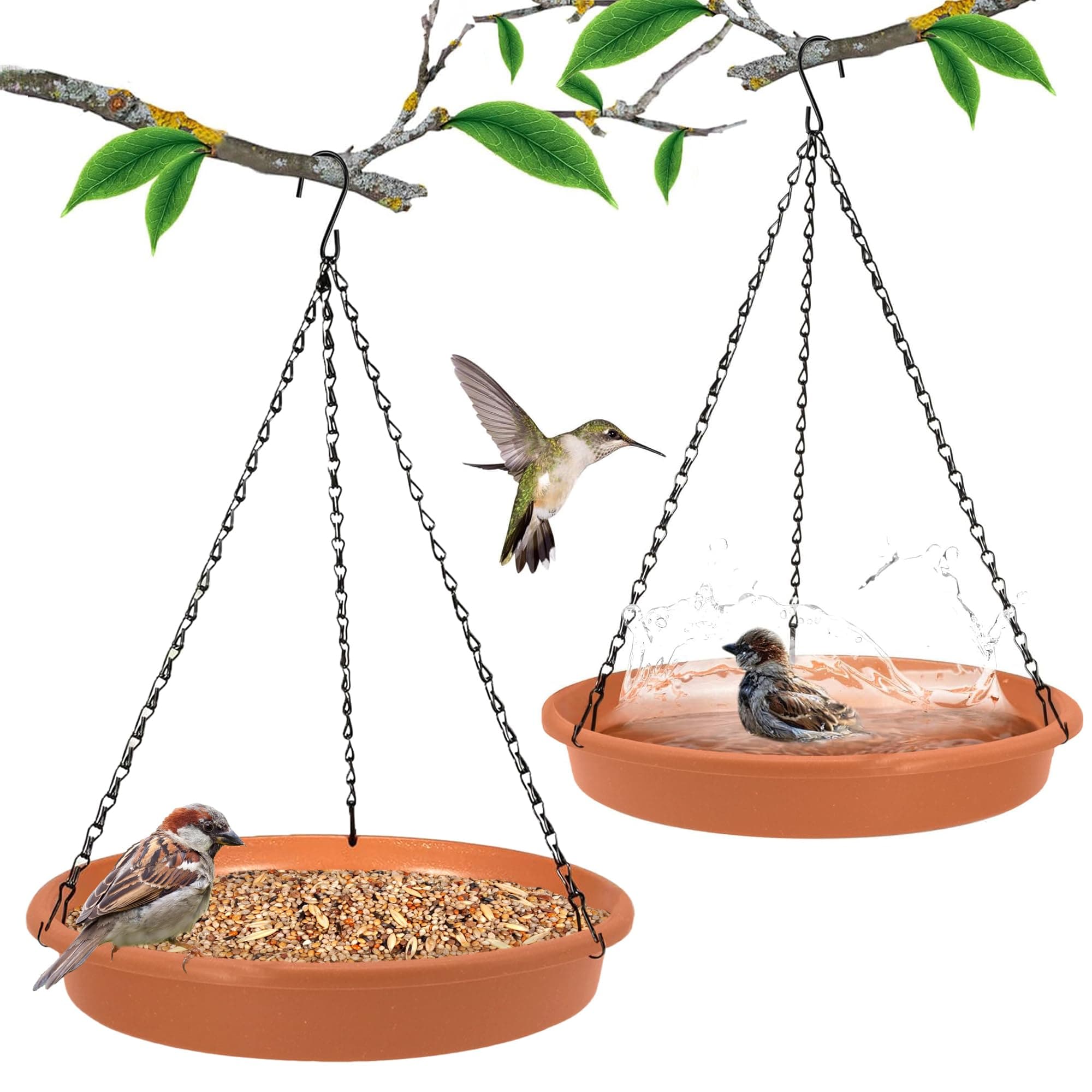 BIRDSHALA Hanging Bird Feeder for Water & Seed Bird Bath Trey for Hanging on Your Balcony, Trees, Garden (Brown Set of 2)