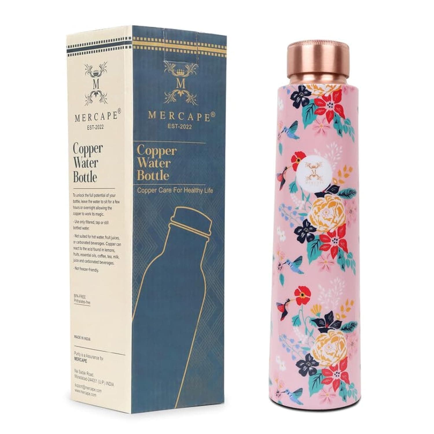 MERCAPE Pure Copper Water Bottle 900 ml with Floral Printed Design | Jointless Construction | Leak-Resistant Screw Cap | Reusable Copper Bottle for Home, Office, Gym, Travel & Daily Use