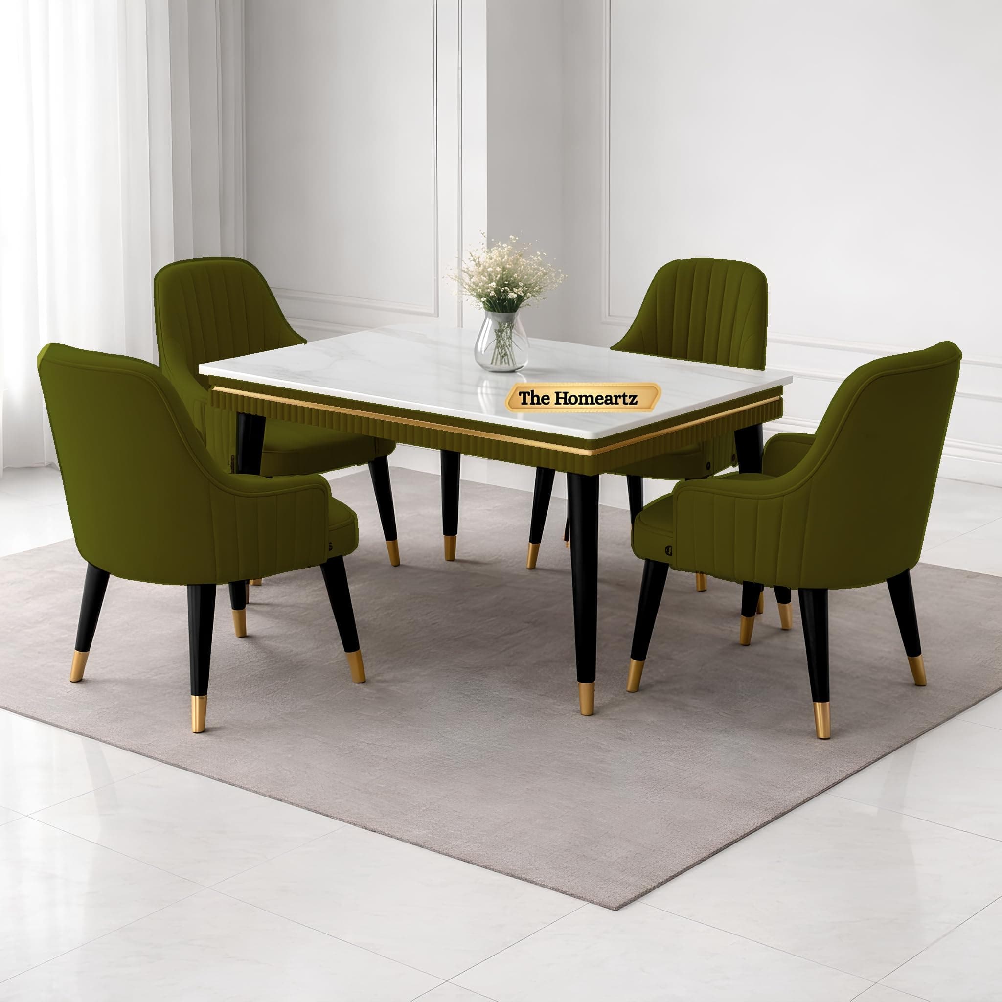 Elara 4-Seater Dining Table Set with 4 Chairs | Modern Elite Italian Statuario Marble Top | Solid Wood Base | 2 Year Warranty | Elegant Marble Dining Table – Modern Dining Room Furniture (Sea Green )