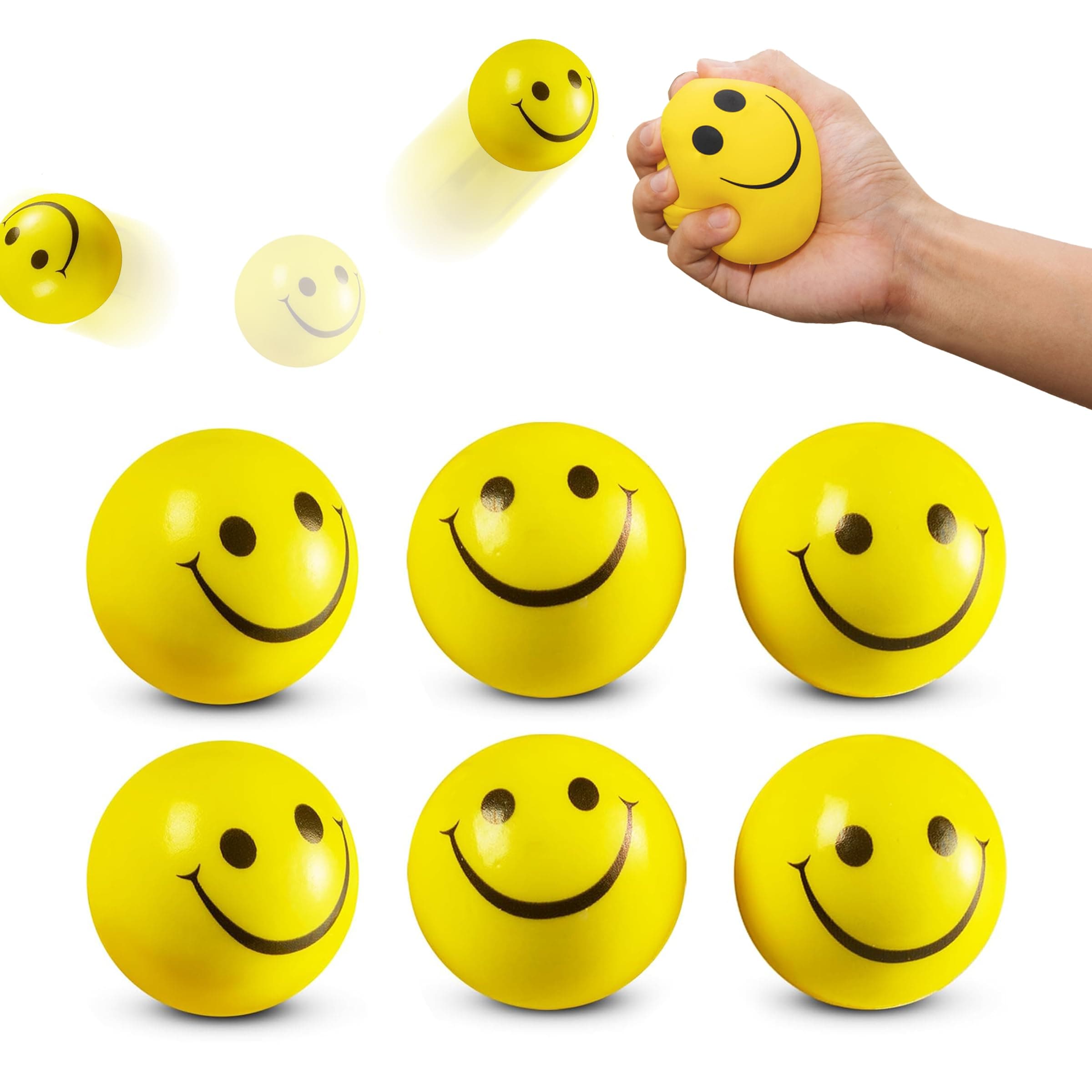 Toyshine 6 Pcs Smiley Squeeze Balls for Kids and Adults, 2 Inch Mini Yellow Fun Happy Face Stress Anxiety Relief Balls, Hand Therapy Sensory Fidget Toy, Classrooms, Game Prize, Party Favor Gift
