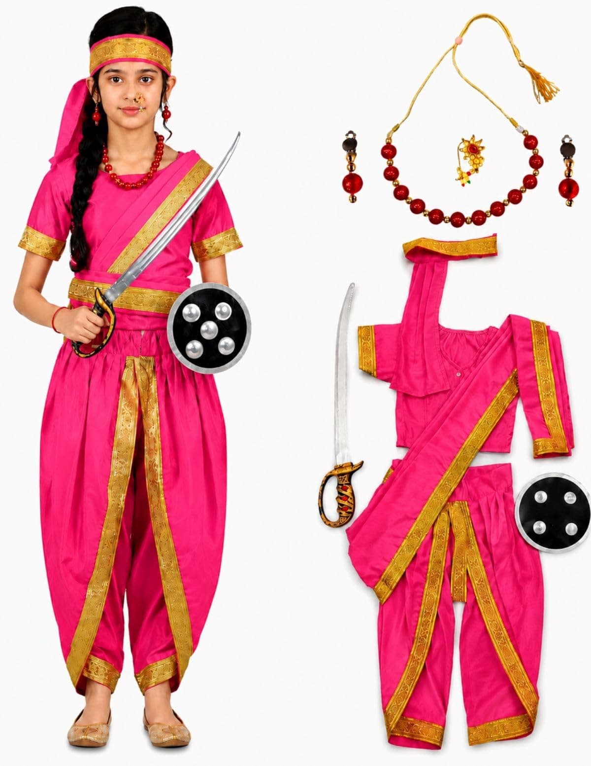 BookMyCostume Rani Laxmi Bai with Jewellery Jhansi ki Rani Freedom Fighter Manikarnika Fancy Dress Costume 10-12 years
