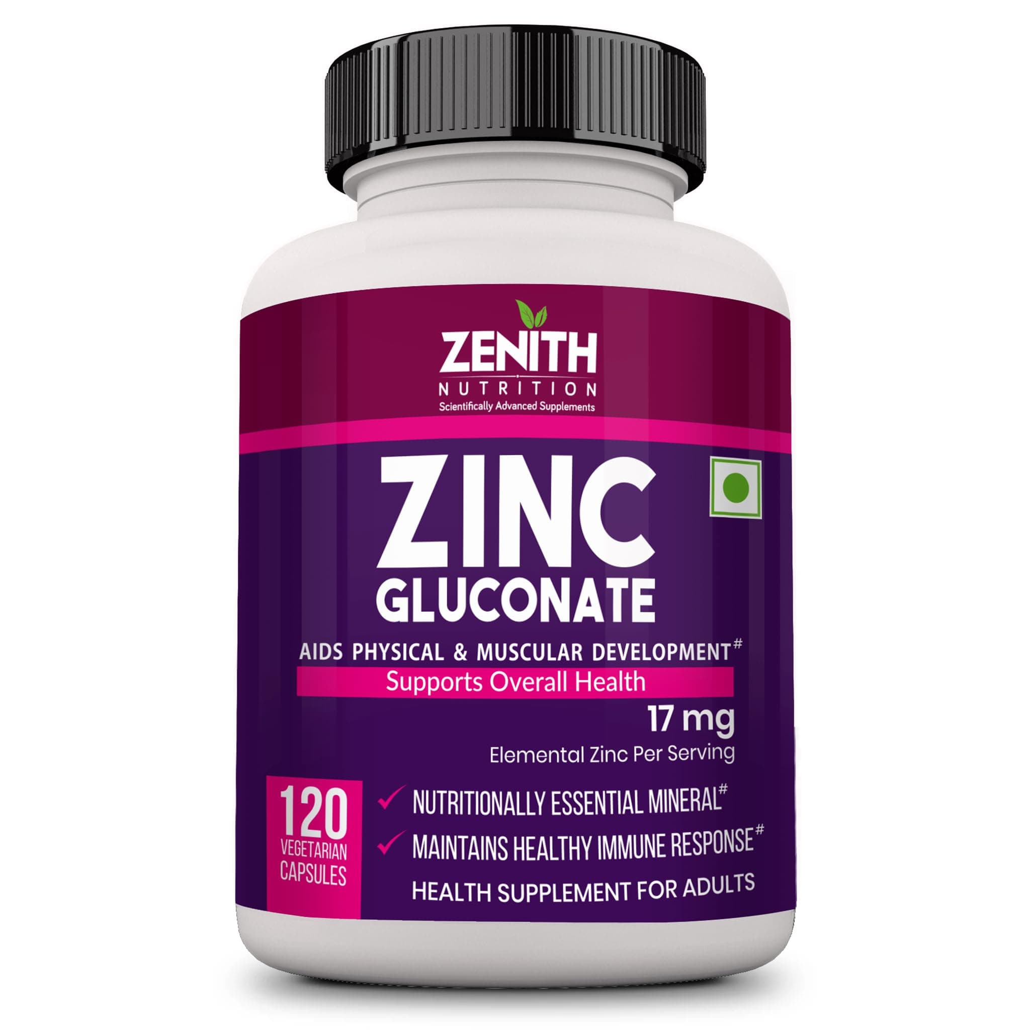 Zenith Nutrition Zinc Gluconate – Elemental Zinc Composition 17 mg | 120 veg capsules | Supports Healthy Immune System
