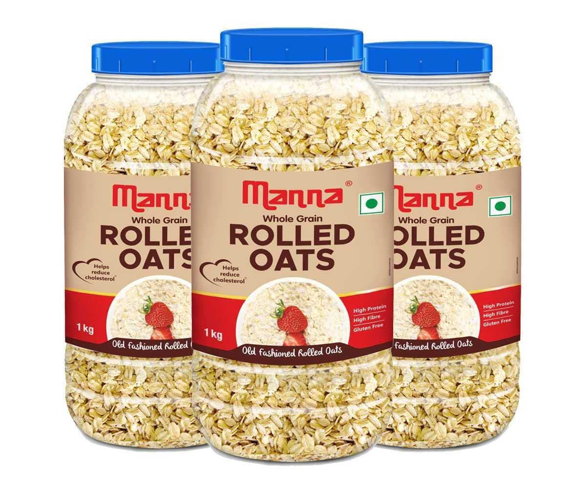 Manna Rolled Oats 3kg | Gluten Free | Traditional Oats | Diabetic Friendly | 100% Wholegrain 1kg (Pack of 3)