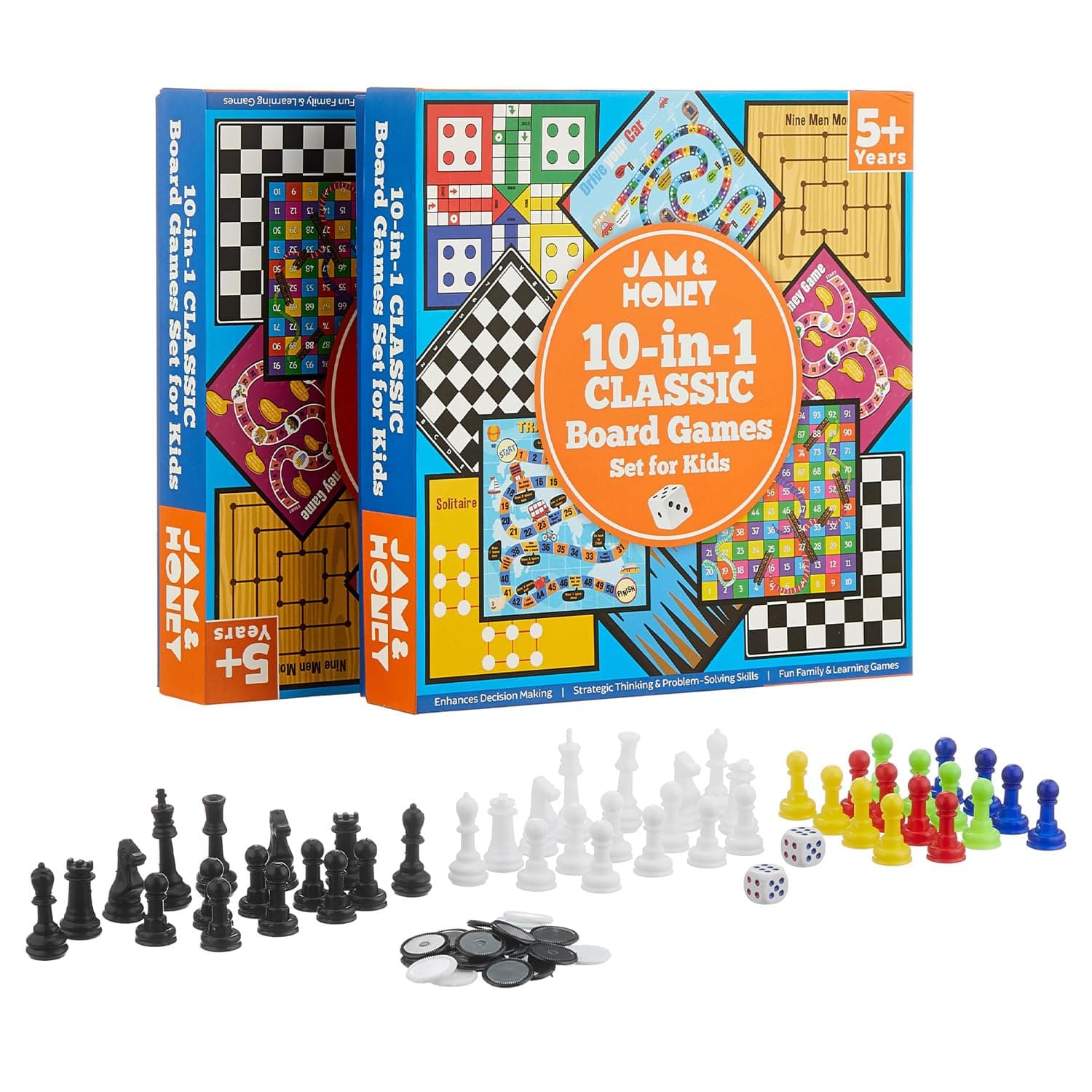 Amazon Brand – Jam & Honey 10-in-1 Classic Board Games for Smart Kids|Chess,Ludo,Snakes & Ladders,Checkers & More|Boosts Decision Making,Strategic Thinking & Problem Solving|Ages 5+ Years(Multicolor)