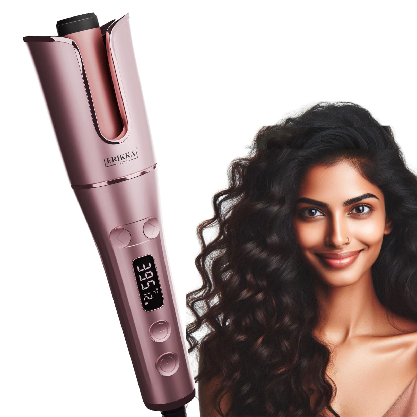 Erikka India Automatic Hair Curler For Women | 3 Temp Settings, Dual Curling Technology, Universal Hair Compatibility, Tangle-Free Design, And LED Display For Time And Temperature, Rose Gold