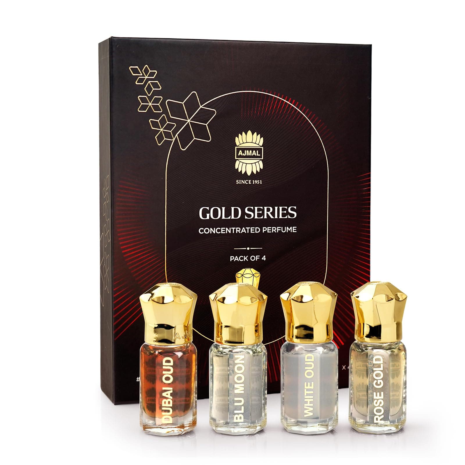 Ajmal Gold Series Attar Perfume Gift Set Pack of 4, Dubai Oud, Blu Moon, White Oud, Rose Gold - 5ml each Non-Alcoholic Attar | Alcohol-Free Ittar for Men & Women | Versatile Office/Work Unisex Cologne