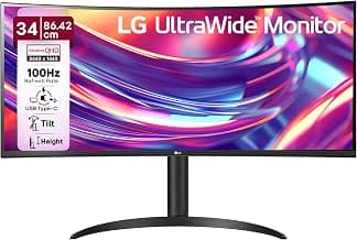 LG 34WR55QK 86.42 cm (34 Inch) 21:9 UltraWide WQHD (3440x1440) Curved Monitor(1800R), sRGB 99%(Typ.), HDR10, Anti-Glare, HDMI X 2, DP, USB-C (PD 65W), HP Out, PBP, Tilt/Height Adjustable Stand (Black)