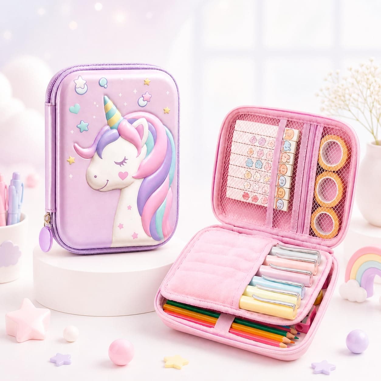 Famyo® Cute Pink Unicorn Pencil Box for Girls | Hard Shell Aesthetic Stationery Case for Kids & Teens | Cute Pencil Pouch for School Girls | Pen Storage Box Organizer