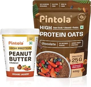 Pintola Fitness Combo: High Protein Organic Jaggery Crunchy Peanut Butter 510g, Whey Protein, Zero Added Salt & 22g High Protein Dark Chocolate Oats 400g, No Refined Sugar, Gluten-Free, High Fiber