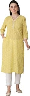 W for Woman Yellow Floral Printed Pure Cotton Soft & Breathable Kurta with Lace