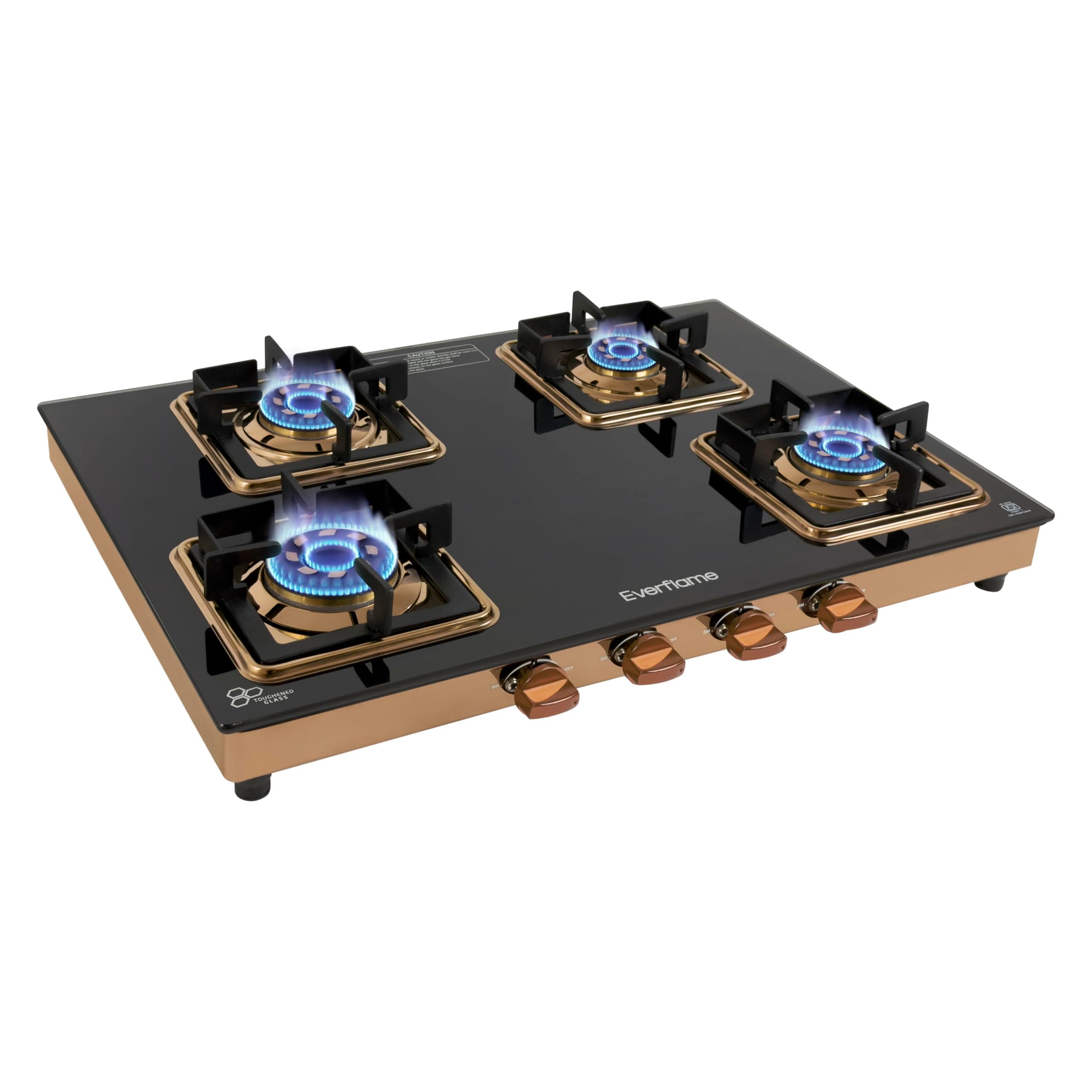 Everflame Aurum 4 Burner Gas Stove | ISI Certified | Manual Ignition LPG Gas Stove | 5G Brass Burner | 5 Years Warranty on (Glass & Burners) + 2 Years Comprehensive Warranty + Doorstep Service