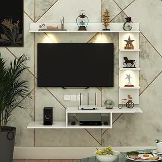 Anikaa Wintor Engineered Wood Wall Mounted TV Unit with 4 LED Lights, 3 Open Shelves, 1 Storage Box & Decorative Display Shelf for Living Room | Ideal for Upto 43 Inch TV-White(DIY Assembly)