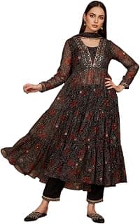 W for Woman Floral Printed Chiffon Flared Kurta with Straight Pant and Dupatta Set
