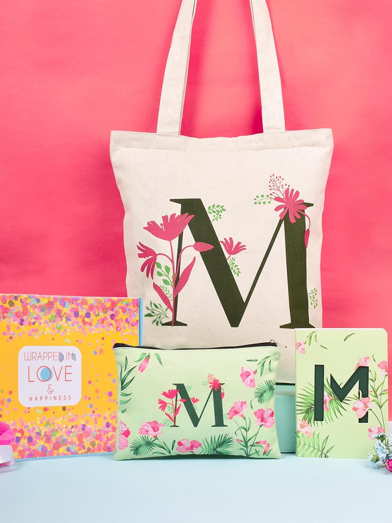 DOODLE Monogram M Diary Gift Set – B6 Soft Bound Ruled Notebook with Tote Bag & Zipper Pouch – Premium Stationery Gift Set for Women & Girls | Perfect Personalised Gift Set for Women's Day