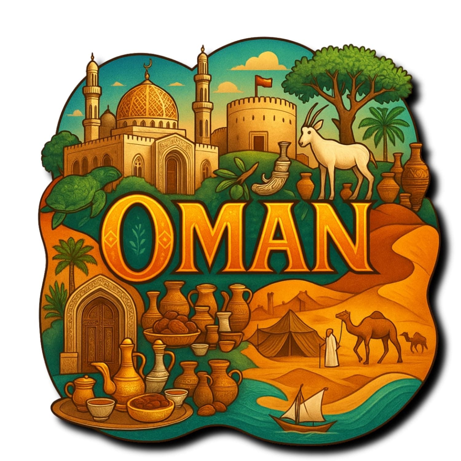 COMONOT Oman Decorative Wooden Fridge Magnet, HD Print, 7.6x7.6 cm, Oman Country Souvenir | Fridge Decoration Magnet for Kitchen & Home Decor | Stylish Fridge Magnet