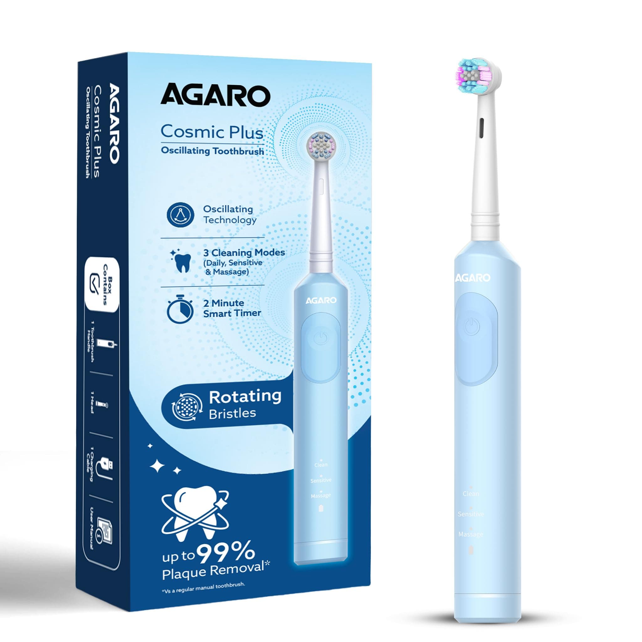 AGARO Cosmic Plus Oscillating Electric Toothbrush for Adults with Oscillating Technology, Brush Head Included, 3 Modes, 2-Min Smart Timer, USB Rechargeable (Up to 21 Days), IPX7 Waterproof, Blue