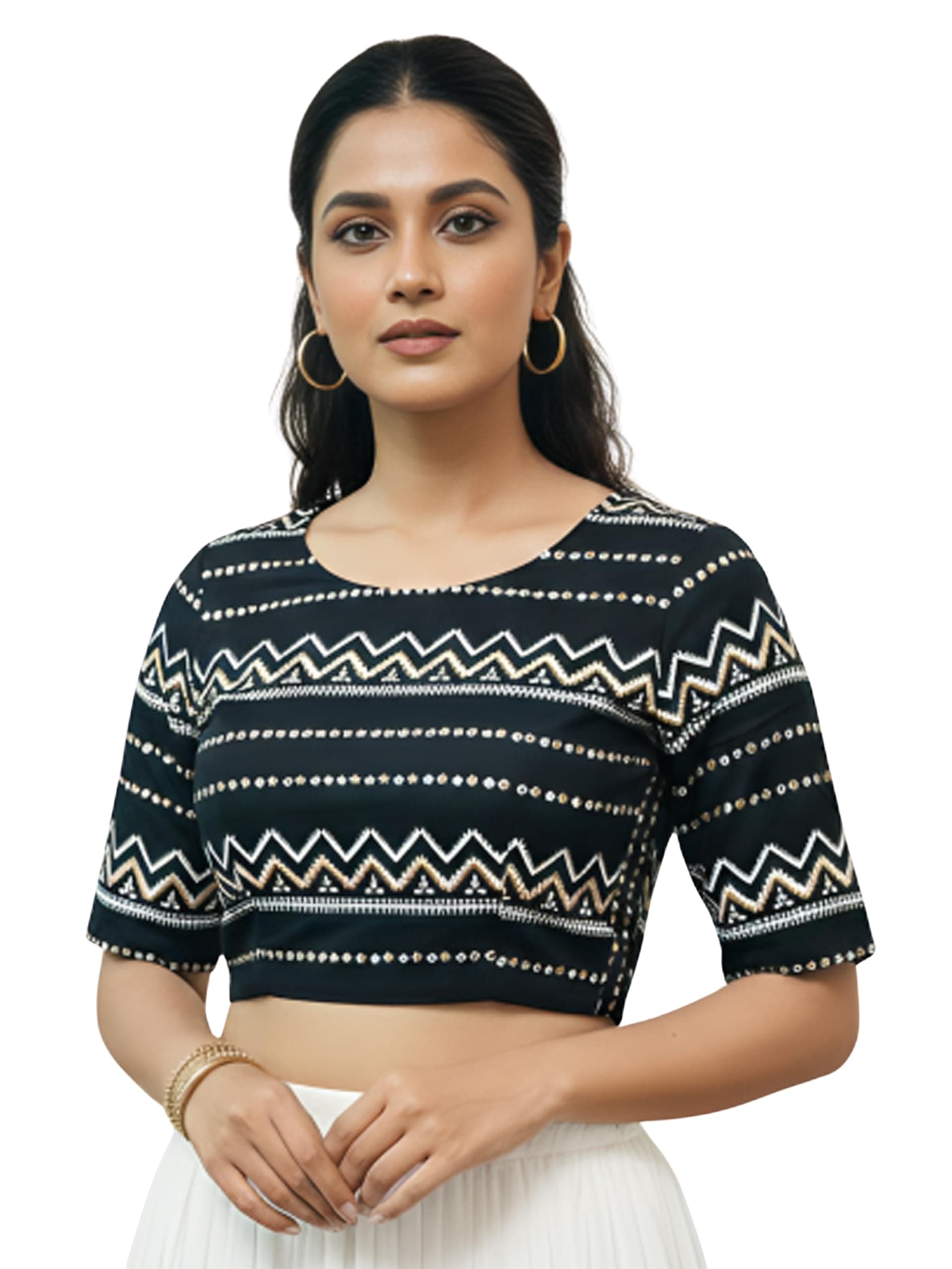 Yash Gallery Women’s Premium Fabric Printed Ready-to-Wear Elbow Sleeve Blouse for Saree | Soft Stretchable Fabric | Stylish Ethnic Crop Top Blouse with Both Side Elastic