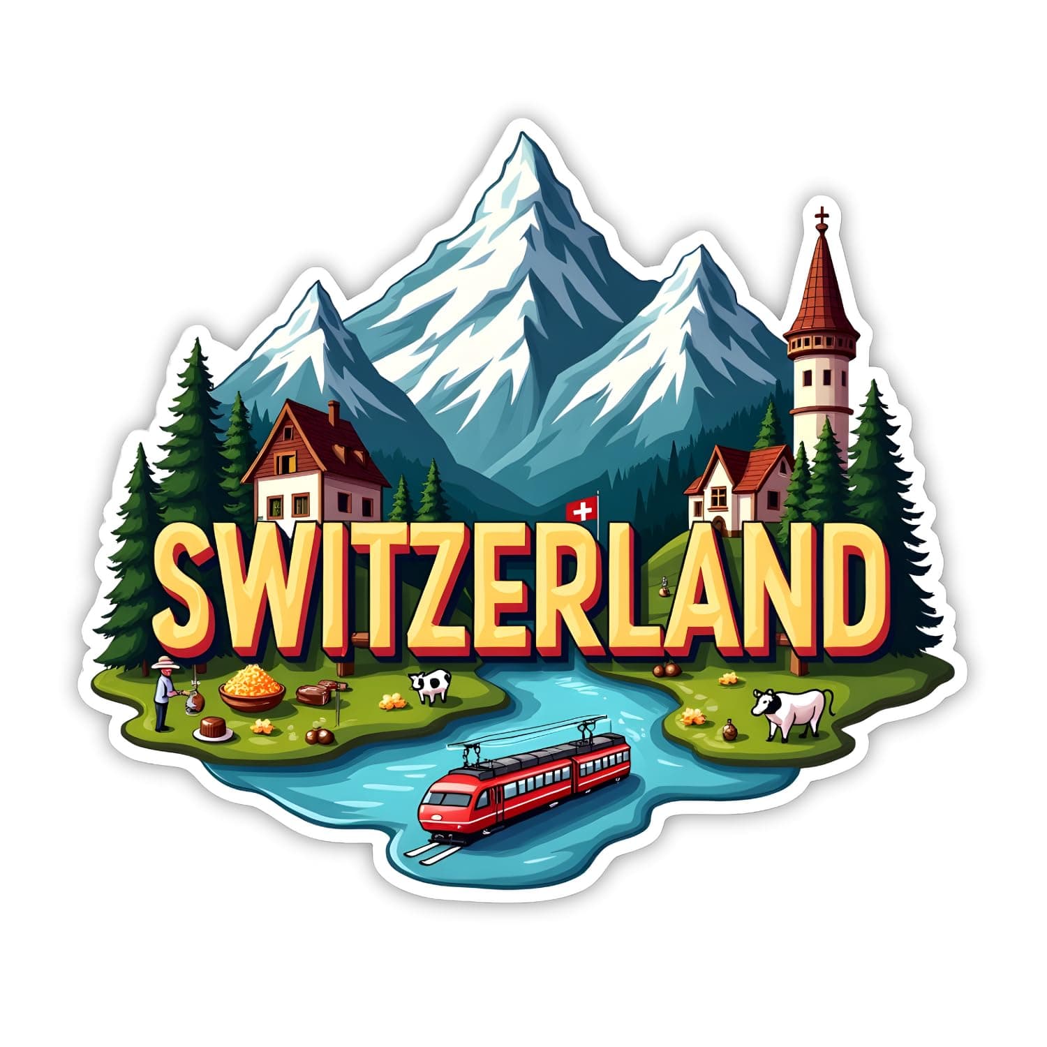 Naxon Switzerland Country Wooden Fridge Magnet | Alps Mountains & Snow Village Travel Souvenir | Home Kitchen Office Refrigerator Magnet | Multicolor Gift Size 3x3 Inch | Pack of 1