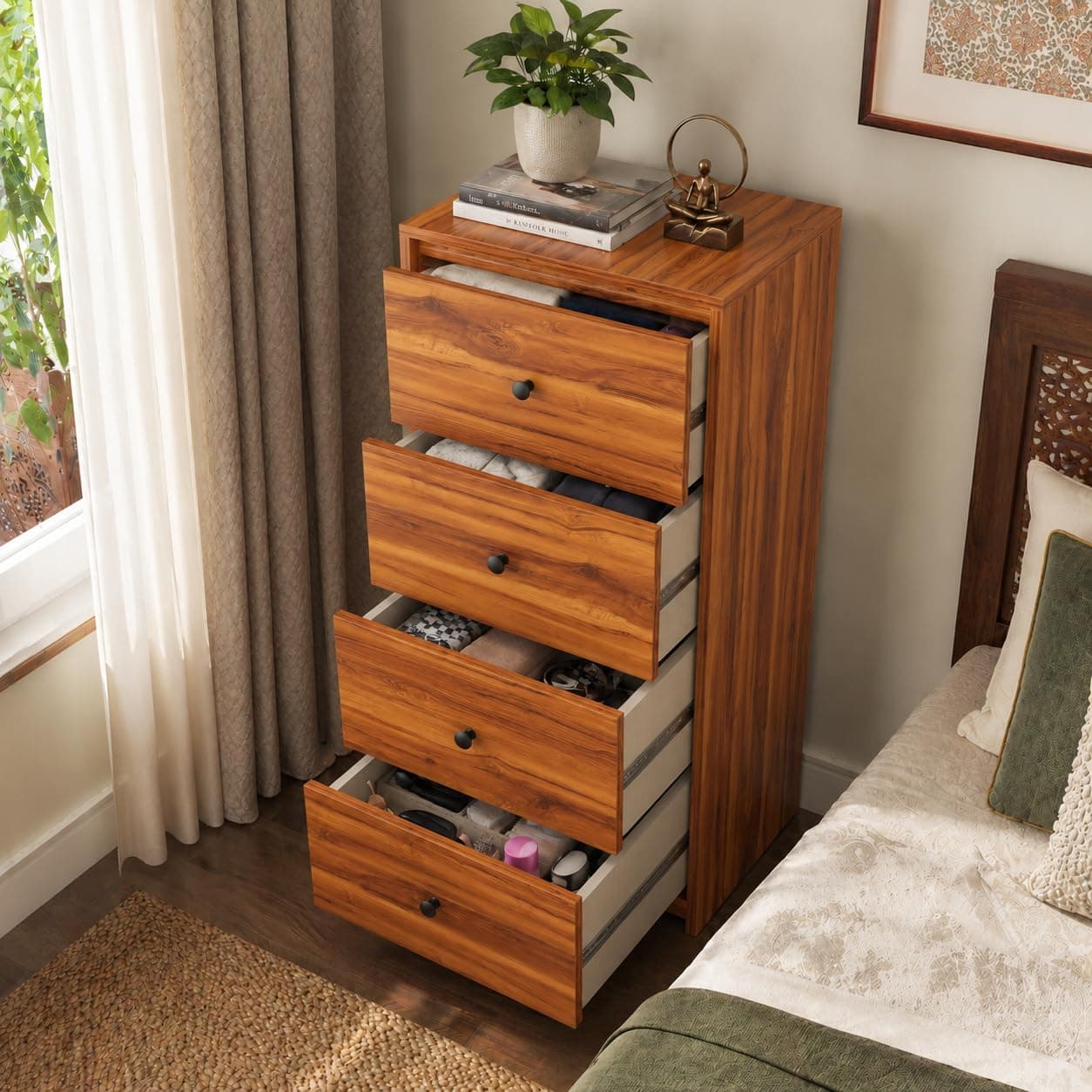 Studio Kook Avon Tallboy Chest of Drawers, 4 Drawers, Matte Finish (Amber Walnut)