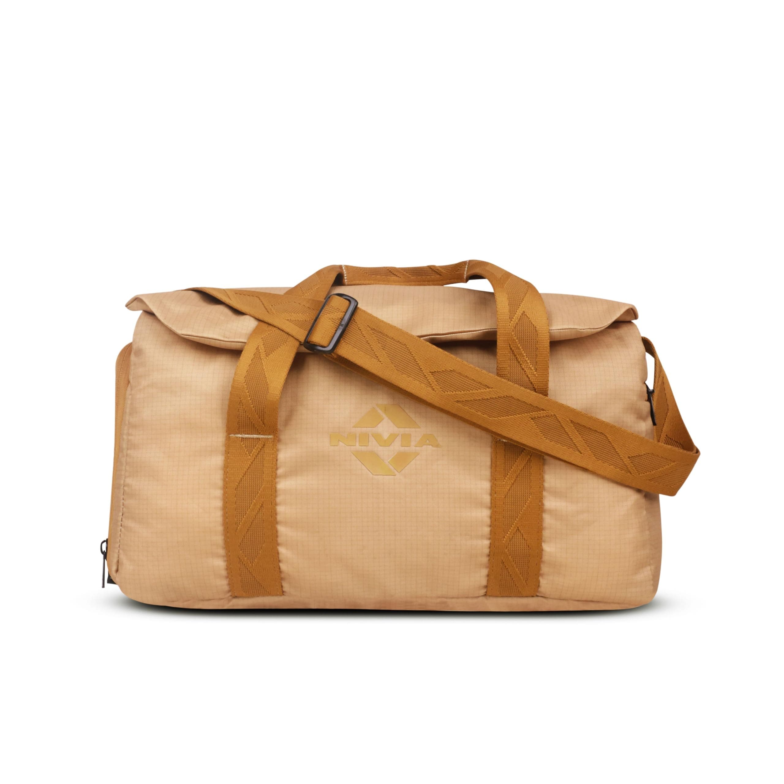 Nivia Blend Gym Duffle Bag for Men & Women with Dedicated Shoe Pocket with Dual Vents, Main Spacious Compartment, Flap Opening & Mesh Zipper Pocket, Signature Tape Strap, Capacity-20 litres (Beige)