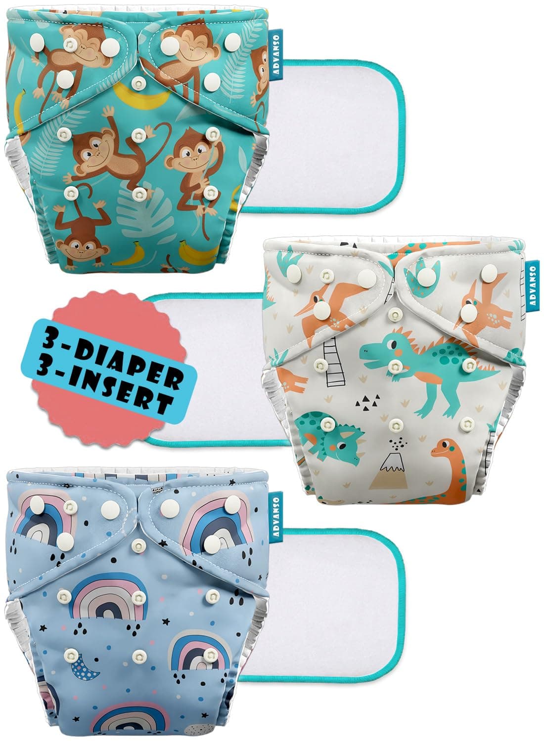 Advanso Leakage Proof cloth diapers for babies, high absorbent 3 reusable diaper 3 insert pad combo pack washable cloth diaper free size 5-18kg adjustable pocket cover 31
