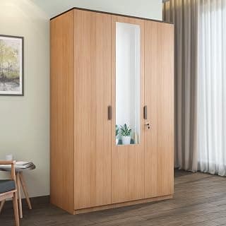 Nilkamal Milford Neo 3 Door Wooden Wardrobe with Mirror for Bedroom | Almirah with 1 Hanging Rod, 1 Lockable Drawer & 8 Shelves | Clothes Cupboard | Engineered Wood | Urban Teak